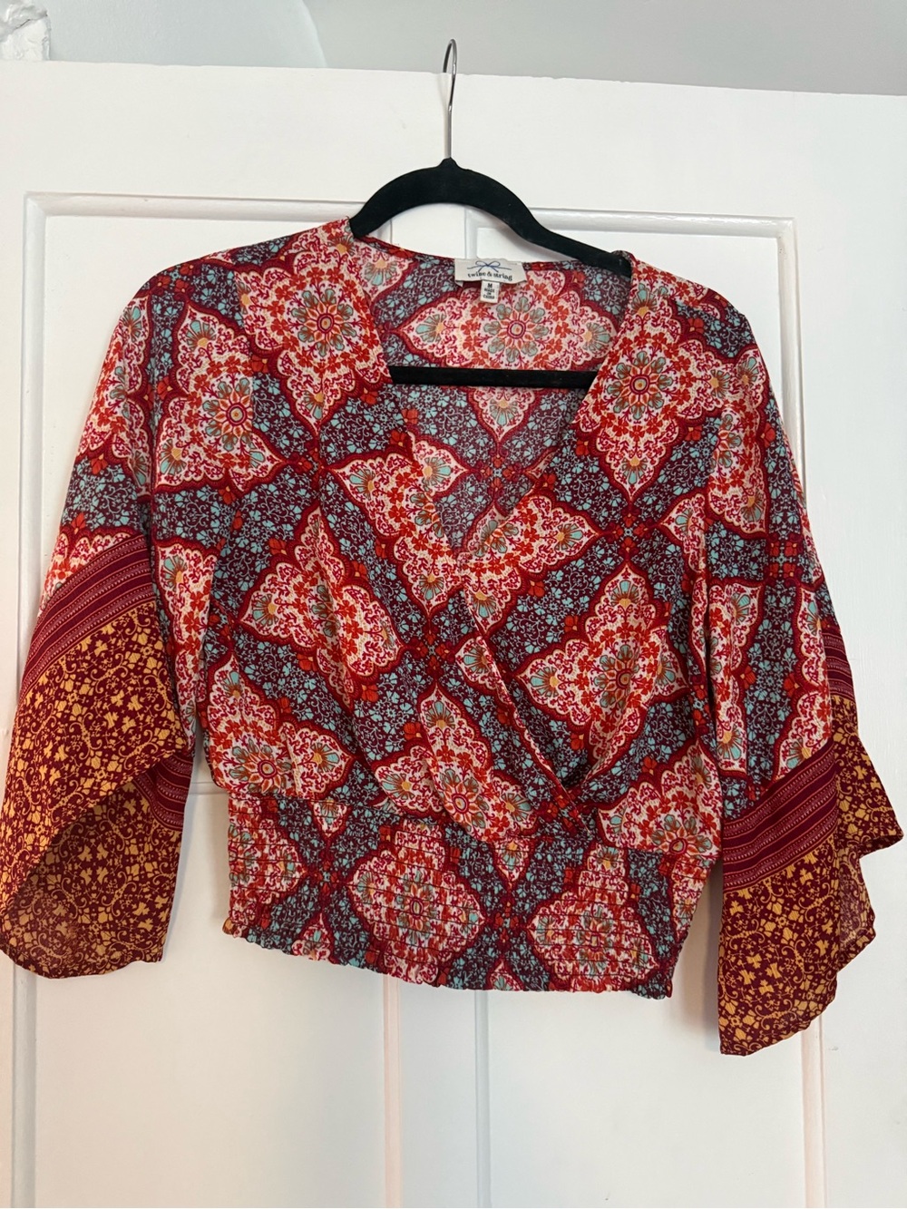 Boho-Inspired Red Floral Wrap Blouse